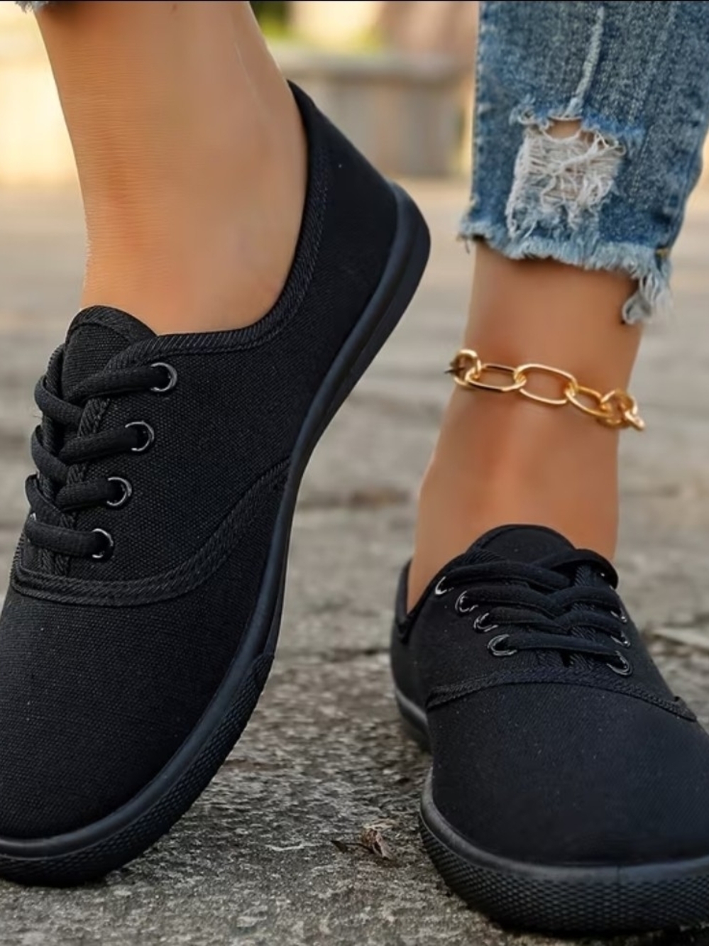 Classic Black Low Top Canvas Lace-Up Women's Sneakers